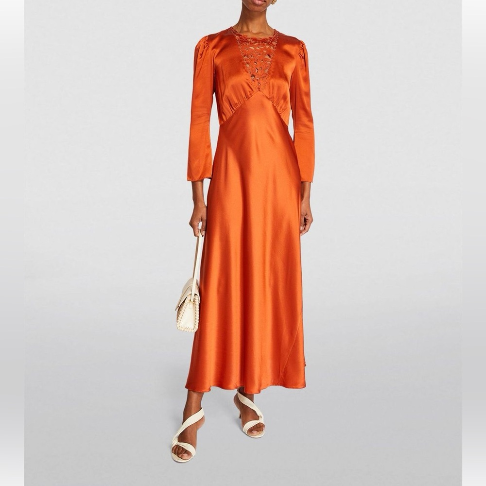 NWT DÔEN Melinda Embroidered Silk Midi Dress in Earthen - Picture 8 of 16